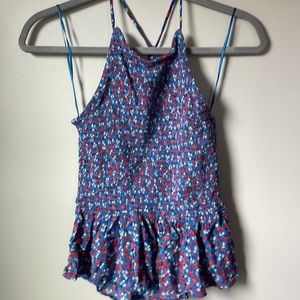 Patrons of Peace blue w/red flowers ruffled adjustable tie size medium.